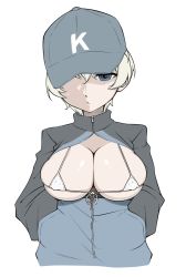 Rule 34 | 1girl, baseball cap, bikini, bikini under clothes, blue eyes, blue hat, blush, breasts, breasts out, covered erect nipples, front-tie bikini top, front-tie top, girls und panzer, half-closed eyes, hat, highres, keizoku military uniform, large breasts, looking at viewer, micro bikini, military, military uniform, nattun nattun, one eye covered, open mouth, short hair, simple background, skindentation, solo, swimsuit, uniform, white background, white bikini, white hair, youko (girls und panzer)