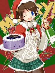 Rule 34 | 10s, 1girl, ;d, aran sweater, bell, black thighhighs, blue eyes, blueberry, blush, bottle, brown hair, cable knit, cake, capelet, christmas, confetti, english text, food, fruit, hairband, hat, hiei (kancolle), holding, jingle bell, kanoe soushi, kantai collection, long sleeves, looking at viewer, merry christmas, one eye closed, open mouth, plaid, plaid skirt, pleated skirt, santa hat, short hair, skirt, smile, solo, sweater, thighhighs, tray, turtleneck, wine bottle, zettai ryouiki