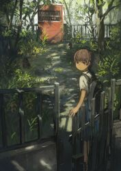 Rule 34 | 1girl, abandoned, absurdres, anko1127, backpack, bag, black bag, blue skirt, bright pupils, brown eyes, brown hair, closing, commentary request, dappled sunlight, day, expressionless, fence, from behind, gate, grass, highres, iron fence, looking back, original, outdoors, path, pleated skirt, revision, road, rock, rope, scenery, shimenawa, shirt, short sleeves, shrine, skirt, solo, standing, sunlight, tree, vending machine, white shirt