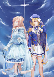 Rule 34 | 2girls, absurdres, blonde hair, blue eyes, blue footwear, blue gloves, blue hat, boots, character request, commentary request, gloves, hat, highres, holding, holding sword, holding weapon, knee boots, long hair, long sleeves, looking at viewer, looking away, miracle nikki, multiple girls, short hair, sword, trait connection, weapon, white gloves, xing muhen
