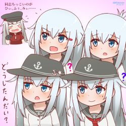 Rule 34 | 5girls, ?, akatsuki (kancolle), alternate eye color, alternate hair color, blue eyes, commentary request, fang, gangut (kancolle), grey hair, hair ornament, hairclip, hammer and sickle, hat, hibiki (kancolle), ikazuchi (kancolle), inazuma (kancolle), kantai collection, long hair, mitchell (dynxcb25), multiple girls, neckerchief, open mouth, peaked cap, pointing, school uniform, serafuku, smile, smirk, translation request, verniy (kancolle)