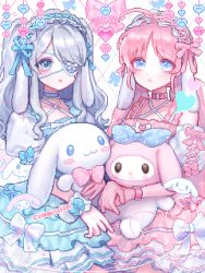 Rule 34 | 2girls, :&lt;, blue eyes, blue ribbon, bow, bracelet, choker, chuu0105, cinnamoroll, commission, curly hair, detached sleeves, dress, eyepatch, frilled choker, frilled dress, frills, grey eyes, grey hair, hair over one eye, heart, highres, holding, holding stuffed toy, jewelry, lace-up sleeves, lolita fashion, long hair, maid headdress, multiple girls, my melody, one eye covered, original, pink bow, pink bracelet, pink hair, pink ribbon, pixel art, polka dot, polka dot bow, puffy short sleeves, puffy sleeves, ribbon, sanrio, short hair, short sleeves, sleeve bow, striped clothes, striped dress, stuffed toy, symmetry