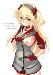 Rule 34 | 1girl, absurdres, admiral hipper (azur lane), azur lane, blonde hair, breasts, commission, cross, dress, embarrassed, gloves, green eyes, highres, iron cross, long hair, looking at viewer, nipples, one breast out, pulled by self, simple background, skeb commission, small breasts, solo, zukanosuke