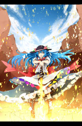 Rule 34 | 1girl, absurdres, blue hair, boots, cross-laced footwear, female focus, food, fruit, hands on hilt, hat, highres, hinanawi tenshi, koshi-kun, lace-up boots, letterboxed, peach, red eyes, skirt, solo, sword, sword of hisou, touhou, weapon
