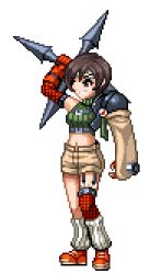 Rule 34 | 1girl, arm up, armor, bare shoulders, breasts, brown eyes, brown hair, commentary, final fantasy, final fantasy vii, fishnets, gloves, headband, huge weapon, lowres, medium breasts, midriff, navel, pixel art, ribbed sweater, short hair, shorts, shuriken, simple background, sleeveless, sleeveless turtleneck, smile, solo, sweater, transparent background, turtleneck, vibrato, weapon, white background, yuffie kisaragi