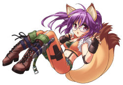 Rule 34 | 10s, 1girl, animal ears, boots, fingerless gloves, fox (trickster), fox ears, fox tail, glasses, gloves, knife, midriff, nobody knows, pants, purple hair, red eyes, simple background, solo, tail, tight clothes, tight pants, trickster (ntreev soft), white background