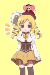 Rule 34 | 10s, beret, blonde hair, charlotte (madoka magica), corset, detached sleeves, hair ornament, hat, mahou shoujo madoka magica, mahou shoujo madoka magica (anime), paplikaling, striped clothes, striped thighhighs, thighhighs, tomoe mami, vertical-striped clothes, vertical-striped thighhighs, yellow eyes