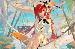 Rule 34 | 1girl, arknights, bikini, black choker, blue sky, candyquq, cherry, choker, cloud, cloudy sky, detached sleeves, food, food in mouth, fruit, hair ornament, hair rings, hammock, highres, horns, long hair, official alternate costume, parted lips, purple eyes, red hair, sky, smile, solo, star (symbol), star hair ornament, surtr (arknights), surtr (colorful wonderland) (arknights), swimsuit, sword, thigh strap, water, weapon