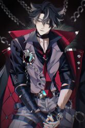 Rule 34 | 1boy, black background, black choker, black hair, black shirt, chain, choker, closed mouth, collared shirt, cuffs, expressionless, facing viewer, genshin impact, grey eyes, grey hair, grey pants, grey vest, handcuffs, highres, looking to the side, male focus, necktie, pants, red necktie, ritsu 0409, shirt, short hair, solo, vest, wriothesley (genshin impact)