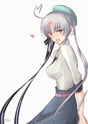 Rule 34 | 1girl, ahoge, akitsushima (kancolle), alternate costume, beret, blue skirt, blush, breasts, casual, commentary request, earrings, grey background, hair ribbon, hat, hazuki futahi, heart, jewelry, kantai collection, long hair, long skirt, looking at viewer, medium breasts, parted bangs, purple eyes, ribbon, shirt, side ponytail, sidelocks, signature, silver hair, skirt, smile, solo, standing, very long hair, white shirt