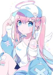 Rule 34 | 1girl, arm up, bandaid, bandaid on knee, bandaid on leg, baseball cap, blue eyes, blue hair, blue hat, blue jacket, blue nails, blush stickers, braid, breasts, chon (chon33v), commentary request, detached wings, ear piercing, earrings, female focus, fish hair ornament, fish skeleton, hair between eyes, hair ornament, hairclip, halo, hat, highres, jacket, jewelry, knee up, long sleeves, looking at viewer, medium breasts, mini wings, multicolored hair, multicolored nails, nail polish, off shoulder, open clothes, open jacket, original, parted lips, piercing, pink hair, pink nails, puffy long sleeves, puffy sleeves, shirt, signature, sitting, solo, streaked hair, twintails, white shirt, white wings, wings, yellow nails