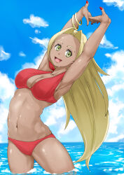 Rule 34 | 1girl, absurdres, bikini, blonde hair, breasts, creatures (company), curvy, dark skin, day, game freak, green eyes, highres, jewelry, kirbystars, long hair, looking at viewer, medium breasts, midriff, navel, nintendo, open mouth, pokemon, pokemon xy, red bikini, shiny skin, smile, solo, stretching, swimmer (pokemon), swimsuit, thick thighs, thighs, very long hair, water, wide hips