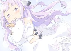 Rule 34 | 1girl, ahoge, azur lane, blue eyes, blue ribbon, blush, child, clothing cutout, d:, detached sleeves, dress, floating hair, frown, hair ribbon, ham (points), holding, holding stuffed toy, hugging object, light purple hair, long hair, long sleeves, multicolored eyes, open mouth, purple eyes, purple pupils, ribbon, side cutout, sleeves past wrists, solo, stuffed toy, stuffed unicorn, unicorn (azur lane), very long hair, white dress, white sleeves