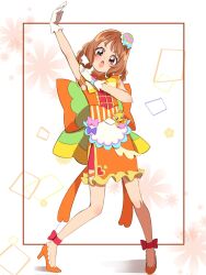 Rule 34 | 1girl, blush, bow, brooch, brown hair, cure yum-yum, delicious party precure, dress, floral background, gloves, hair bun, hair ornament, hair rings, hanamichi ran, heart, highres, huge bow, jewelry, looking at viewer, magical girl, medium dress, mem-mem (precure), open mouth, orange bow, orange footwear, precure, red eyes, short hair, shorts under dress, smile, standing, toon (noin), white background, white gloves