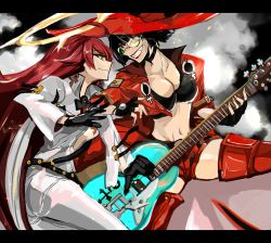 Rule 34 | 2girls, ankh, ankh necklace, aria (guilty gear), bodysuit, boots, breasts, spiked halo, electric guitar, green eyes, grin, guilty gear, guilty gear strive, guitar, halo, hat, i-no, instrument, jack-o&#039; valentine, jacket, large breasts, looking at another, multiple girls, red jacket, short hair, smile, sunglasses, thigh boots, thighhighs, venus symbol, white bodysuit, witch hat