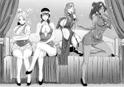 Rule 34 | 4girls, ascot, bare shoulders, bed, bleach, breasts, cleavage, cross-laced, crossover, dress, eizen10, elbow gloves, erza scarlet, fairy tail, female focus, finger to mouth, fingerless gloves, garter straps, gloves, high heels, kneeling, crossed legs, long hair, looking at viewer, monochrome, multiple girls, naruto, naruto (series), nico robin, one piece, parted lips, ponytail, quad tails, shihouin yoruichi, sitting, smile, temari (naruto), thighhighs