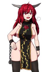 Rule 34 | 1girl, bracelet, breasts, chain, colorized, flower, formicid, highres, horns, ibaraki kasen, jewelry, large breasts, long hair, red eyes, red hair, rose, sharp teeth, sigh, tabard, teeth, thighhighs, touhou, white background