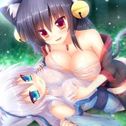 Rule 34 | 2girls, animal ears, areola slip, bare shoulders, bell, black hair, blue eyes, blush, grabbing another&#039;s breast, breast press, breasts, cat ears, cat tail, fang, grabbing, hair bell, hair ornament, japanese clothes, jewelry, kane-neko, kimono, large breasts, long hair, multiple girls, necklace, original, red eyes, short hair, symmetrical docking, tail, thighhighs, underwear, white hair, yukata, yuri