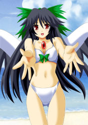 Rule 34 | 1girl, asu, bare shoulders, beach, bikini, black hair, blush, bow, day, derivative work, female focus, hair bow, long hair, looking at viewer, navel, outdoors, outstretched arms, reaching, reaching towards viewer, red eyes, reiuji utsuho, smile, solo, swimsuit, touhou, water, wings