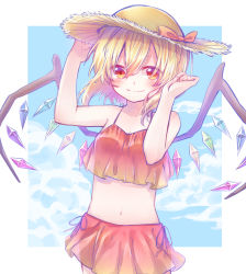 Rule 34 | 1girl, alternate costume, attyuntyun915, bikini, blonde hair, cloud, commentary request, crystal, day, flandre scarlet, hat, hat ribbon, highres, red bikini, red eyes, red ribbon, ribbon, short hair, sky, smile, solo, straw hat, swimsuit, touhou, wings