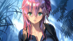 Rule 34 | 1girl, blue skirt, commentary request, green eyes, hair between eyes, hair ornament, hair ribbon, hikosan, hololive, leaf, light particles, long hair, looking at viewer, one side up, outdoors, parted lips, pink hair, ribbon, sakura miko, skirt, solo, sweat, uncharted 4, upper body, virtual youtuber, x hair ornament