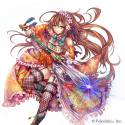 Rule 34 | 1girl, ahoge, arm up, bare shoulders, bow, bowtie, breasts, brown hair, cleavage, company name, detached sleeves, dress, fishnet thighhighs, fishnets, floral print, flower, foreshortening, frilled dress, frills, garter straps, glowing, glowing weapon, green eyes, hair between eyes, hair flower, hair ornament, hair ribbon, hairband, holding, holding polearm, holding spear, holding weapon, long hair, looking at viewer, madogawa, official art, polearm, ribbon, sengoku gensoukyoku, simple background, solo, spear, tassel, thighhighs, two-handed, weapon, white background, wide sleeves