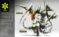 Rule 34 | 1girl, animal ears, character name, character profile, circle, detached sleeves, highres, looking at viewer, lowlight kirilenko, mechanical arms, monster, neon trim, official art, pixiv fantasia, pixiv fantasia t, short hair, single mechanical arm, thighhighs, translation request, white hair, yellow eyes, zettai ryouiki