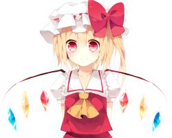Rule 34 | 1girl, ascot, blonde hair, bow, female focus, flandre scarlet, hat, hat bow, mii0617, red eyes, short hair, side ponytail, simple background, smile, solo, standing, touhou, upper body, white background, wings