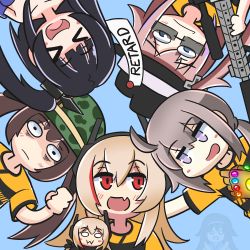 Rule 34 | &gt; &lt;, 6+girls, :d, antenna hair, ar-15, black hair, blonde hair, blue eyes, blue sky, blush, braid, brown hair, camouflage, camouflage headwear, character request, circle formation, clenched hand, closed mouth, doll, fang, fedora, from below, ghost, girls&#039; frontline, gun, hair between eyes, hair ornament, hand on another&#039;s shoulder, hat, helmet, highres, holding, holding gun, holding weapon, infinity gauntlet, long hair, looking at another, looking at viewer, m14 (girls&#039; frontline), m200 (girls&#039; frontline), m4 sopmod ii (girls&#039; frontline), m4 sopmod ii jr, multicolored hair, multiple girls, oekaki, open mouth, pink hair, ponytail, purple eyes, red eyes, rifle, serjatronic, short sleeves, side ponytail, sky, smile, soccer uniform, sportswear, st ar-15 (girls&#039; frontline), streaked hair, sunglasses, super sass (girls&#039; frontline), twin braids, weapon, wide-eyed