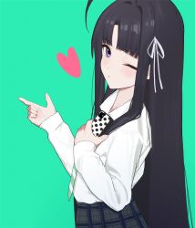 Rule 34 | 1girl, aqua background, awa subaru, bei chelun de daquan yangcong anakin, black hair, black skirt, chinese commentary, collared shirt, commentary request, girls band cry, hair ribbon, hands up, heart, highres, holding, holding phone, long hair, looking at viewer, one eye closed, parted lips, phone, plaid, plaid skirt, purple eyes, ribbon, shirt, simple background, skirt, solo, upper body, white ribbon, white shirt