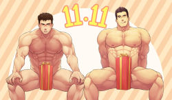 Rule 34 | 2boys, :q, abs, bara, blush, box, completely nude, convenient censoring, dated, facial hair, feet out of frame, gift, gift box, highres, large pectorals, looking at another, male focus, multiple boys, muscular, muscular male, navel, nipples, nude, one eye closed, original, pectorals, short hair, sitting, spread legs, stomach, stubble, thick thighs, thighs, tongue, tongue out, winemvee, yaoi