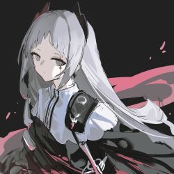 Rule 34 | 1girl, absurdres, arknights, black background, black eyes, black jacket, capelet, closed mouth, earrings, grey hair, head wings, highres, irene (arknights), jacket, jewelry, long hair, looking at viewer, qtian, scar, scar across eye, scar on face, simple background, sketch, solo, upper body, very long hair, white capelet, wings