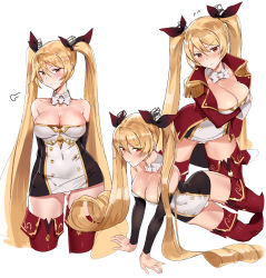 Rule 34 | 1girl, absurdres, all fours, angry, arm support, arms behind back, azur lane, bare shoulders, black detached sleeves, black ribbon, blonde hair, blush, boots, bow, bowtie, breast hold, breasts, cleavage, closed mouth, coat, commentary request, covered navel, detached collar, detached sleeves, dress, drill hair, embarrassed, epaulettes, female focus, full-face blush, hair between eyes, hair ornament, hair ribbon, head tilt, highres, jacket, kneeling, large breasts, legs, long hair, long sleeves, multicolored clothes, multicolored dress, multiple views, neck, nelson (azur lane), open clothes, open coat, panties, pantyshot, parted lips, red eyes, red footwear, red jacket, red neckwear, ribbon, serious, short dress, simple background, ssamjang (misosan), standing, strapless, strapless dress, thigh boots, thighhighs, tube dress, twintails, underwear, v-shaped eyebrows, very long hair, white background, white bow, white neckwear, white panties