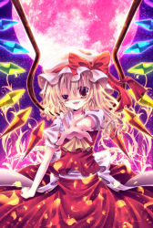 Rule 34 | 1girl, blonde hair, earrings, female focus, flandre scarlet, foreshortening, full moon, hat, highres, jewelry, momomiya mion, moon, outstretched hand, ponytail, raised eyebrow, red eyes, short hair, side ponytail, slit pupils, solo, embodiment of scarlet devil, touhou, uneven eyes, wings