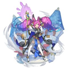Rule 34 | animal ear fluff, animal ears, bell, blue hair, cape, cleo (dragalia lost), dragalia lost, full body, gradient hair, hair bell, hair ornament, high heels, long hair, magic, multicolored hair, non-web source, official art, open clothes, open mouth, open shirt, pink hair, purple eyes, purple hair, rabbit ears, saitou naoki, solo, staff, tabard, thighhighs, transparent background, twintails, white thighhighs, wind