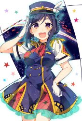 Rule 34 | 1girl, :d, ascot, bad id, bad twitter id, blue hair, cowboy shot, dress, earrings, epaulettes, folded ponytail, gloves, hand on own hip, happy party train, hat, highres, jewelry, looking at viewer, love live!, love live! sunshine!!, matsuura kanan, open mouth, peaked cap, purple eyes, salute, short sleeves, smile, solo, song name, star (symbol), ton tokoto, train conductor, uniform, white gloves