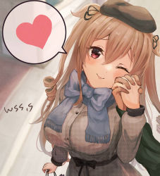 Rule 34 | 1girl, artist name, beret, black hat, blue scarf, blush, breasts, closed mouth, commission, hair between eyes, hat, heart, kantai collection, large breasts, light brown hair, long hair, long sleeves, murasame (kancolle), murasame kai ni (kancolle), one eye closed, red eyes, scarf, signature, skeb commission, smile, solo, spoken heart, two side up, upper body, wss (nicoseiga19993411)