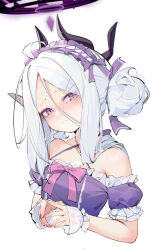 Rule 34 | 1girl, ahoge, bare shoulders, blue archive, bow, commentary request, hairband, halterneck, head tilt, highres, hina (blue archive), long hair, looking at viewer, off-shoulder shirt, off shoulder, own hands together, painterliuhao, pink bow, puffy short sleeves, puffy sleeves, purple eyes, purple shirt, shirt, shirt bow, short sleeves, solo, upper body, white hair, wrist cuffs