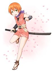 Rule 34 | 10s, 1girl, :3, arm guards, belt, belt pouch, blush, cherry blossoms, commentary request, dress, hoshizora rin, japanese clothes, katana, kimono, leg up, looking at viewer, love live!, love live! school idol project, mohya, ninja, no socks, orange hair, pink dress, pouch, sandals, scarf, short hair, short kimono, sleeveless, sleeveless dress, sleeveless kimono, solo, sword, weapon, yellow eyes