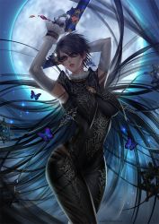 Rule 34 | 1girl, alternate hairstyle, arm up, arms up, artist name, bayonetta, bayonetta (series), bayonetta 2, black-framed eyewear, black bodysuit, black hair, body hair, bodysuit, breasts, bug, butterfly, commentary request, detached sleeves, dual wielding, earrings, elbow gloves, full moon, glasses, gloves, gun, holding, holding weapon, insect, jewelry, leirix, lips, lipstick, looking at viewer, makeup, medium breasts, mole, mole under mouth, moon, night, night sky, outdoors, parted lips, sega, short hair, skin tight, sky, sleeveless, sol, solo, sparkle, thighs, weapon, white gloves, witch