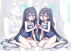 Rule 34 | &lt;key&gt; (blue archive), 2girls, absurdly long hair, absurdres, aris (blue archive), bare arms, bare legs, bare shoulders, barefoot, black hair, black one-piece swimsuit, blue archive, blue eyes, blue halo, blush, breasts, collarbone, halo, highres, long hair, mono (mono mon), multiple girls, name tag, one-piece swimsuit, one side up, open mouth, parted lips, red eyes, school swimsuit, simple background, small breasts, smile, swimsuit, toes, very long hair, white background, zoom layer
