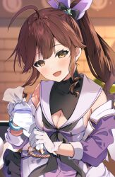 Rule 34 | 1girl, ahoge, bare shoulders, black bow, blurry, blurry background, bow, breasts, brown eyes, brown hair, cleavage, cleavage cutout, clothing cutout, commentary request, covered collarbone, depth of field, diantha (granblue fantasy), dress, gloves, granblue fantasy, hair between eyes, hair bow, holding, jacket, long sleeves, medium breasts, omuretsu, open clothes, open jacket, pastry bag, ponytail, puffy long sleeves, puffy sleeves, purple jacket, sleeveless, sleeveless dress, solo, white dress, white gloves, wooden floor