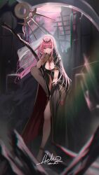 Rule 34 | 1girl, absurdres, bad id, bad twitter id, black cape, black dress, black thighhighs, blush, breasts, broken glass, cape, cleavage, crown, dress, glass, highres, holding, holding scythe, hololive, hololive english, hz (helu 2), large breasts, long hair, looking at viewer, mori calliope, mori calliope (1st costume), pink eyes, pink hair, scythe, see-through, see-through sleeves, signature, single sleeve, single thighhigh, sitting, spiked cape, thighhighs, underworld, veil, virtual youtuber, weapon