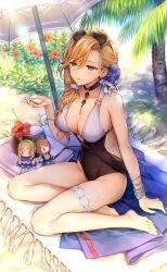 Rule 34 | 3girls, azur lane, barefoot, blonde hair, blue eyes, bracelet, breasts, casual one-piece swimsuit, character doll, cleavage, coconut, commentary request, eyewear on head, highres, hood (azur lane), hood (lady of the shining sun) (azur lane), jewelry, kaguyuzu, legs, long hair, multiple girls, one-piece swimsuit, parasol, renown (azur lane), repulse (azur lane), sand, seashell, shell, signature, swimsuit, thighlet, umbrella