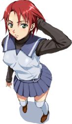 Rule 34 | 00s, 1girl, full body, green eyes, long sleeves, looking at viewer, my-hime, nigou, pleated skirt, red hair, ruffling hair, short hair, simple background, skirt, solo, standing, thighhighs, white background, white thighhighs, yuuki nao