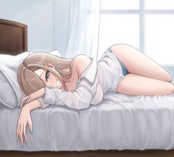 Rule 34 | 1girl, absurdres, aqua panties, asuna (blue archive), blue archive, blush, breasts, collarbone, fingernails, highres, ilbanseomin, indoors, large breasts, light brown hair, looking at viewer, lying, nail polish, no halo, on bed, on side, one eye covered, panties, shirt, smile, solo, underwear, white shirt