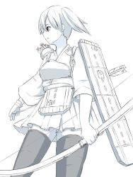 Rule 34 | 10s, 1girl, archery, arrow (projectile), bad id, bad pixiv id, bow, bow (weapon), fingerless gloves, gloves, japanese clothes, kaga (kancolle), kantai collection, kyuudou, monochrome, muneate, quiver, side ponytail, simple background, solo, thighhighs, tokoi, weapon, zettai ryouiki