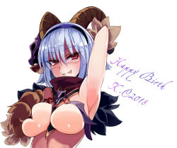 Rule 34 | 1girl, :p, alternate color, alternate hair length, alternate hairstyle, animal ears, animal hands, arm behind back, armpits, baphomet (monster girl encyclopedia), between breasts, blue hair, blush, breasts, commentary request, dated, english text, goat ears, goat horns, hair between eyes, hair ornament, hairband, hand up, happy birthday, horns, large breasts, looking at viewer, monster girl, monster girl encyclopedia, pink eyes, short hair, simple background, solo, succubus wilmarina, tongue, tongue out, upper body, white background, wilmarina noscrim, yu (yoki)
