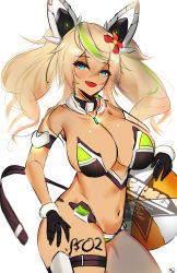 Rule 34 | absurdres, aqua eyes, armband, armor, ball, bikini, bikini armor, black gloves, blonde hair, body writing, breasts, cleavage, dark skin, flower hat, gene (pso2), gloves, green hair, hair between eyes, highres, holding, holding ball, jewelry, kyle (kysizzle), long hair, looking at viewer, multicolored hair, necklace, phantasy star, phantasy star online 2, short twintails, simple background, smile, solo, swimsuit, tan, thigh strap, twintails, wavy hair, white background, widow&#039;s peak