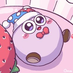 Rule 34 | animated, animated gif, blush stickers, bow, bowtie, brown footwear, colored skin, food, fruit, hat, heart, jester cap, kirby&#039;s dream buffet, kirby (series), kirby super star, marx (kirby), nintendo, no humans, omuraisu omm, purple skin, rolling, signature, smile, solo, strawberry